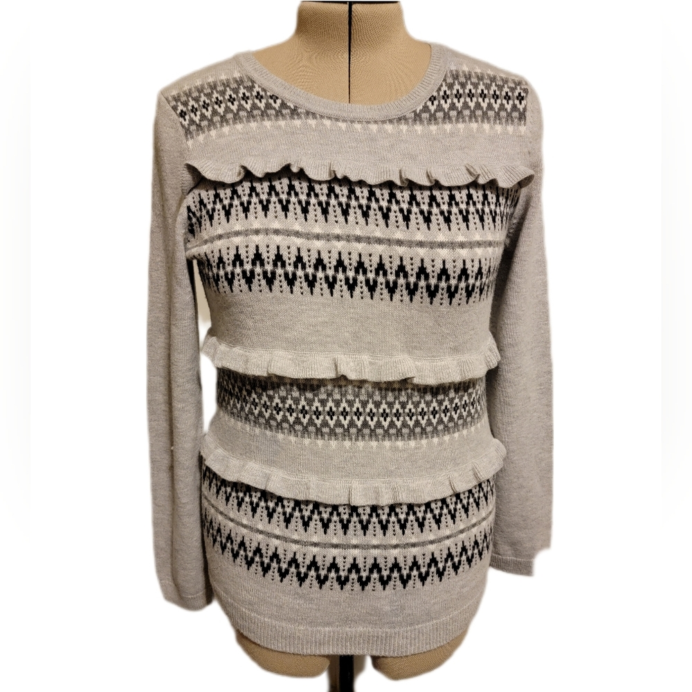 🔖🎄👉Talbots Fair Isle Wool Sweater Sz M Gray Ruffle detail